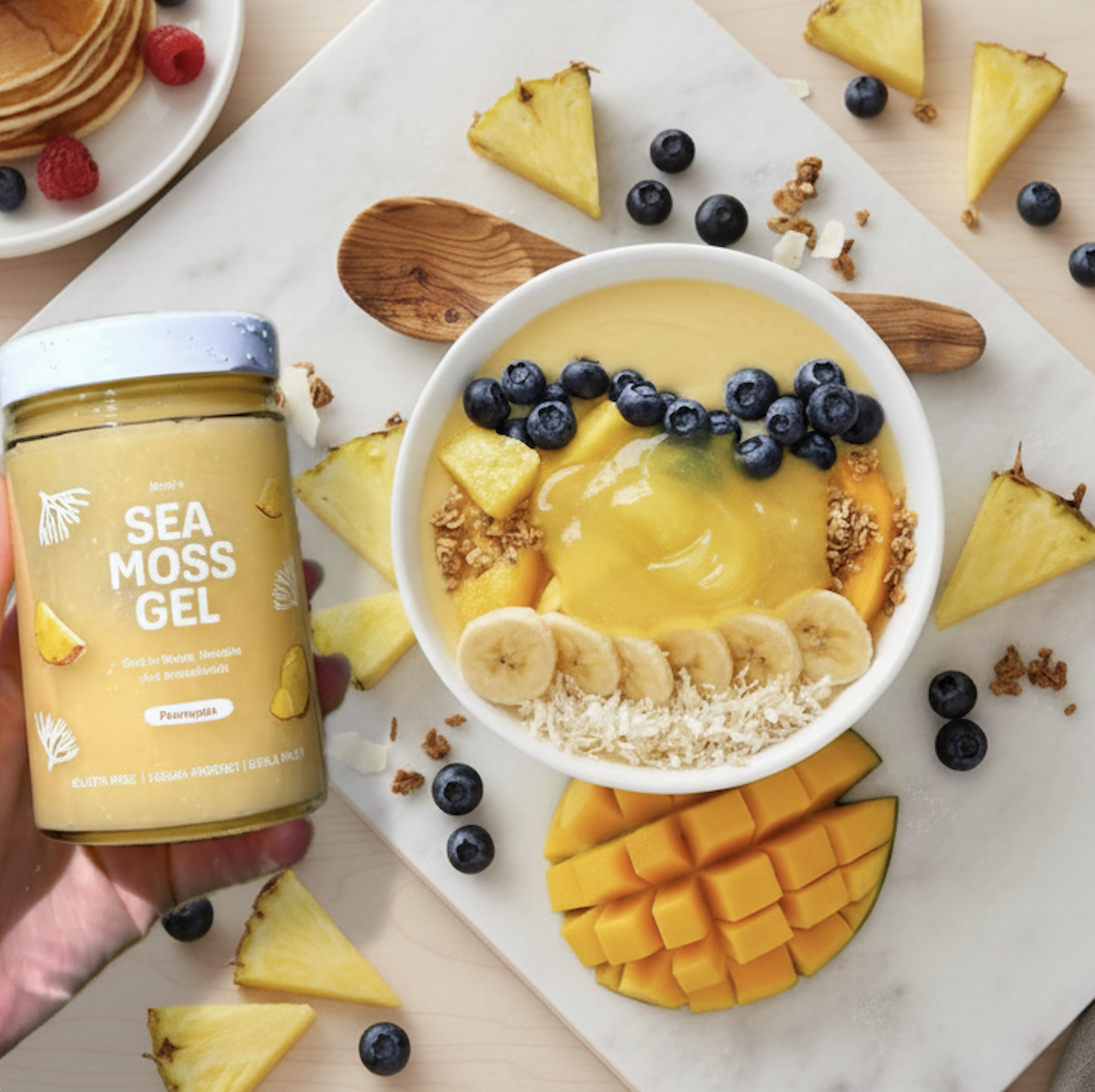 Skål med sea moss gel, blåbær, banan og granola